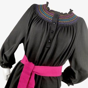 Vintage 1970s 80s Black Mexican Folk Dress Rainbow Smocking Cotton Gauze BOHO Br